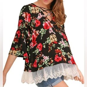 Umgee Women's Caged Floral Bell Sleeve Pullover Tunic Top Lace Y2K Boho Festival